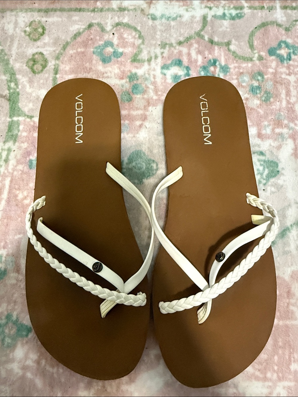 Volcom Women’s White Braided Strap Sandals with Brown Footbed